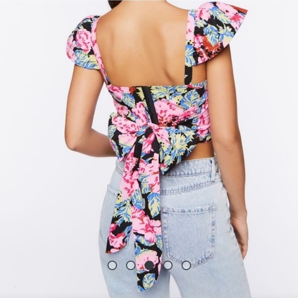 Forever 21 Floral Ruffle Sleeve Crop Top Corset Back With Tie Size XS - Picture 3 of 9